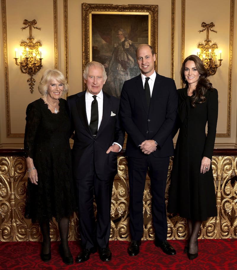 Camilla, the Queen Consort, Britain's King Charles III, Prince William and Kate, Princess of Wales, pose at Buckingham Palace ahead of the reception for Heads of State and Official Overseas Guests on September 18. AP