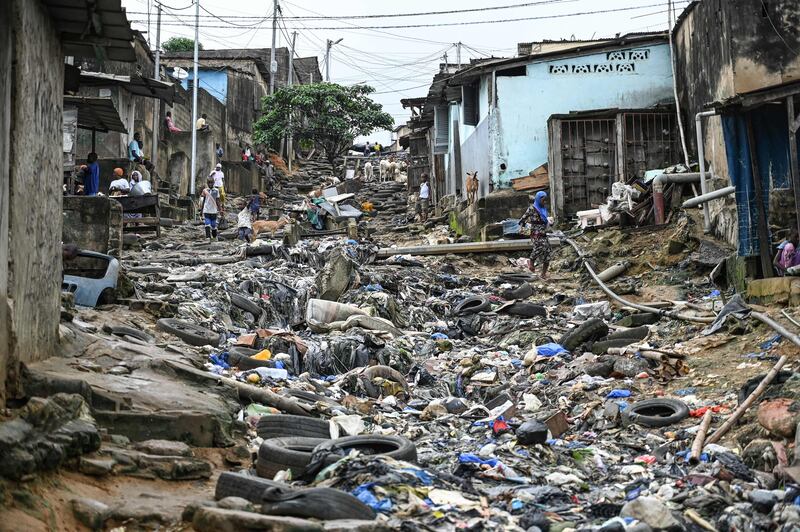 A street littered with plastic waste in the popular commune of Attecoube, Abidjan. AFP