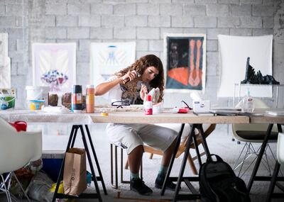 DUBAI, UNITED ARAB EMIRATES. 6 AUG 2020. 
Moza Almazrouei in her studio space Galleria Mall, Al Barsha.

(Photo: Reem Mohammed/The National)

Reporter:
Section: