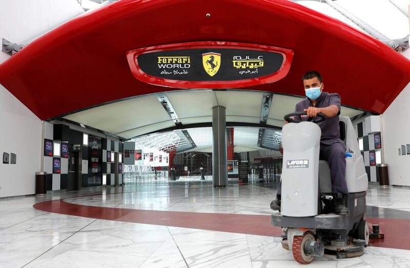 Abu Dhabi, United Arab Emirates, July 28, 2020.   
  Cleaners doing final sterilisation procedures before the reopening of Ferrari World, Abu Dhabi.
Victor Besa  / The National
Section: NA
Reporter:
