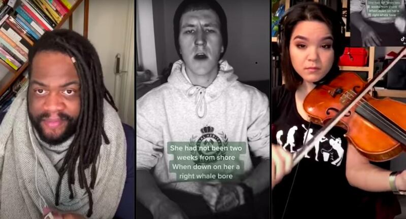 Scottish singer Nathan Evans (centre) has been credited starting the musical sea shanty trend on TikTok, which sees talented TikTokers have layered their vocals and instrumental skills onto his viral performance of 'The Wellerman'. TikTok 