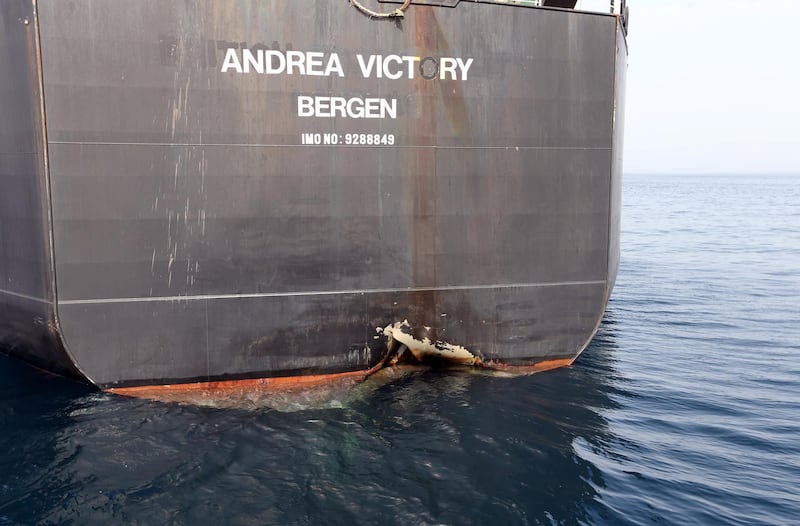 A damaged Andrea Victory ship is seen off the Port of Fujairah, United Arab Emirates, May 13, 2019. REUTERS/Satish Kumar