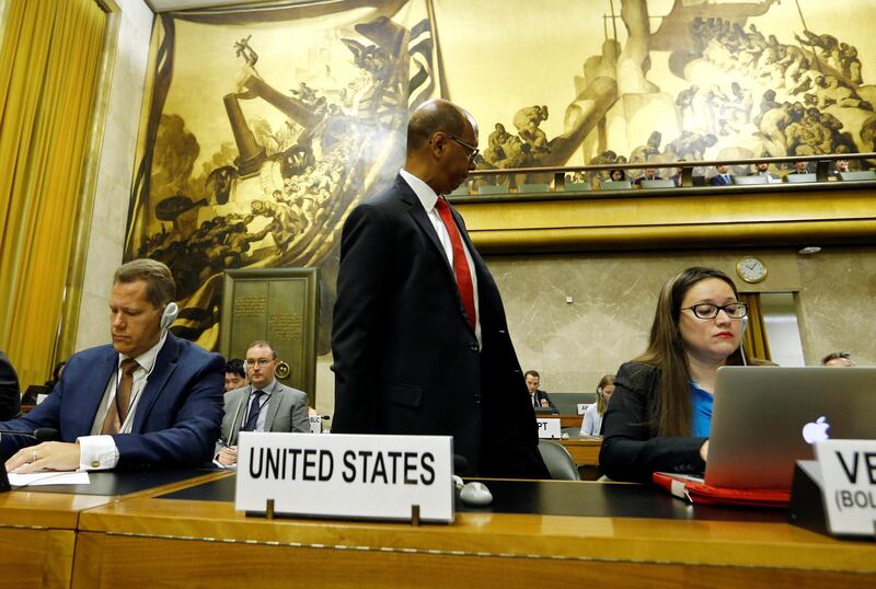 US Ambassador Robert Wood walks out in protest at Syria's presidency of the Conference on Disarmament at the United Nations in Geneva, Switzerland. Denis Balibouse / Reuters