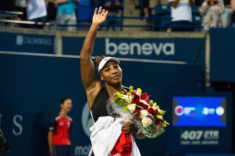 Serena Williams of the US acknowledges the crowd after her match against Belinda Bencic of Switzerland, during the second round of the National Bank Open women's tennis tournament, in Toronto, Canada, 10 August 2022.   EPA / EDUARDO LIMA