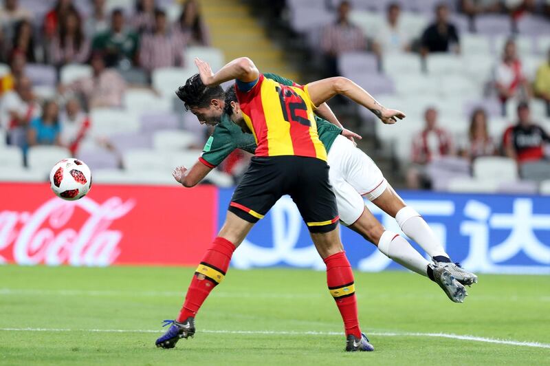 Al Ain, United Arab Emirates - December 18, 2018: Walter Sandoval of Guadalajara can't get his header on target during the game between Espérance de Tunis and Guadalajara in the Fifa Club World Cup. Tuesday the 18th of December 2018 at the Hazza Bin Zayed Stadium, Al Ain. Chris Whiteoak / The National