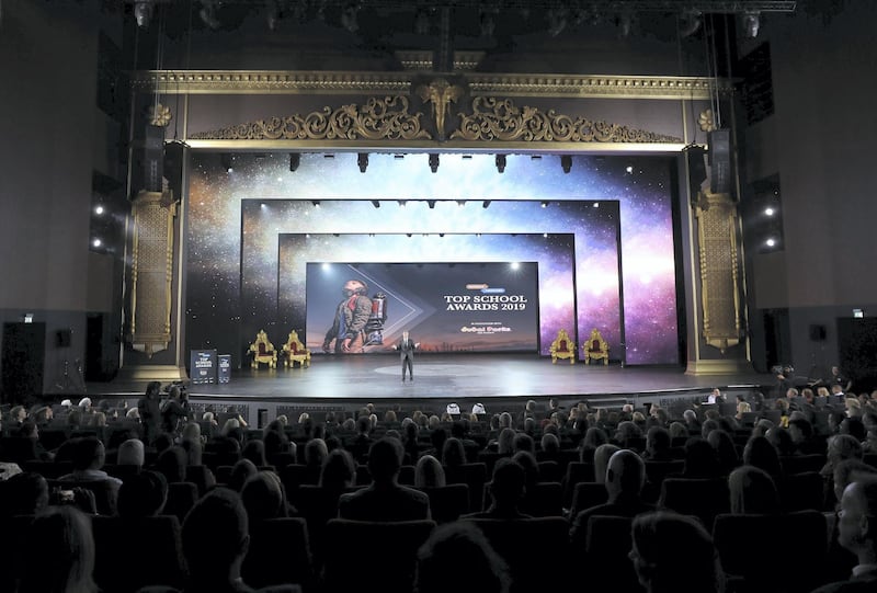 Dubai, United Arab Emirates - March 07, 2019: Tom Urquhart presents at the Top School Awards 2019 at the Rajmahal Theatre, Dubai. Thursday the 7th of March 2019 at Bollywood Parks, Dubai. Chris Whiteoak / The National
