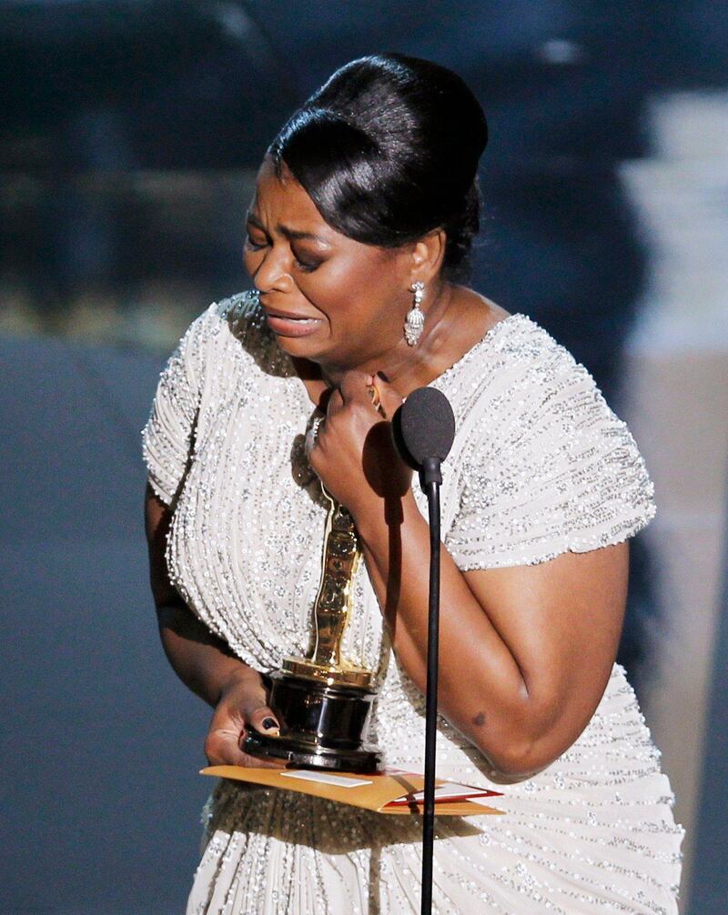 Octavia Spencer cries after winning the Oscar for best supporting actress for her role in "The Help" at the 84th Academy Awards in Hollywood, California, February 26, 2012.  REUTERS/Gary Hershorn  (UNITED STATES - Tags: ENTERTAINMENT TPX IMAGES OF THE DAY)   (OSCARS-SHOW)