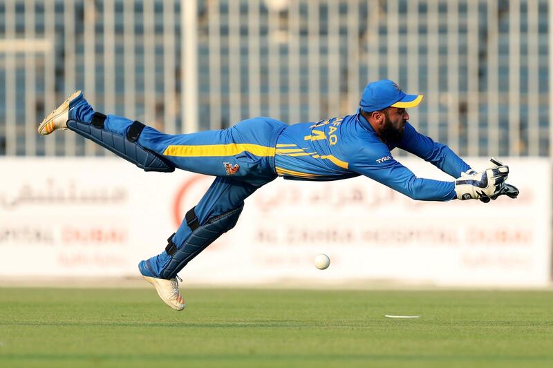 Sharjah, United Arab Emirates - October 06, 2018: Shafiqullah of the Nangarhar Leopards drops a catch during the game between Kandahar Knights and Nangarhar Leopards in the Afghanistan Premier League. Saturday, October 6th, 2018 at Sharjah Cricket Stadium, Sharjah. Chris Whiteoak / The National