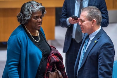 US Ambassador to the UN Linda Thomas-Greenfield, (L), talks to Permanent Representative of Israel to the United Nations Gilad Erdan after voting on a US ceasefire resolution for the Gaza war, on March 22 in New York City. Getty Images via AFP