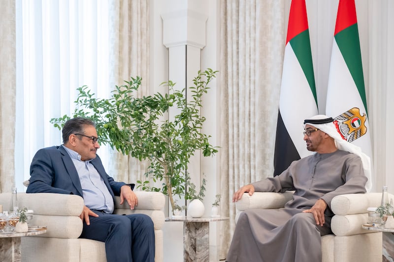 President Sheikh Mohamed meets Ali Shamkhani, Secretary of the Supreme National Security Council of Iran, at Al Shati Palace in Abu Dhabi. All photos: UAE Presidential Court 