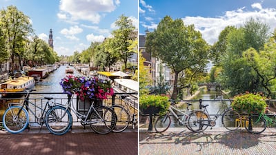 Utrecht, right, has plenty of beautiful tree-lined canals, just like Amsterdam, left. Getty Images