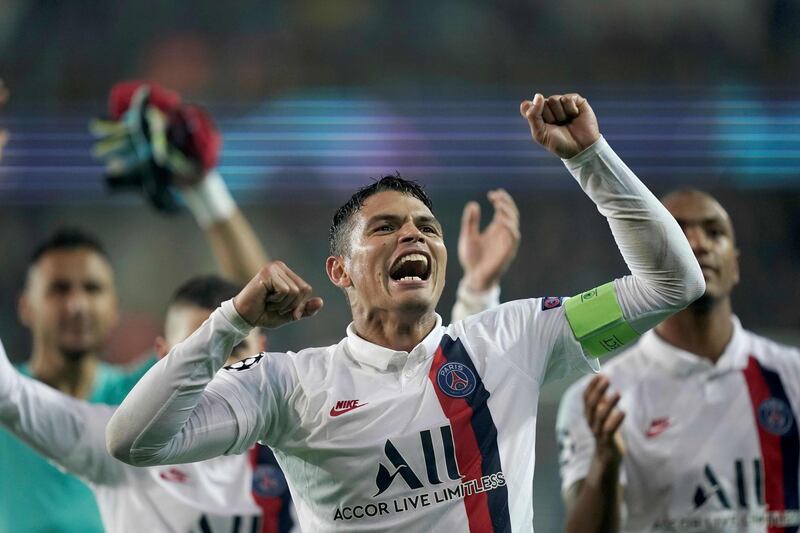 Paris Saint-Germain captain Thiago Silva celebrates after helping his team thrash Club Brugge 5-0 in Belgium in the Champions League group A match in October 2019. AFP