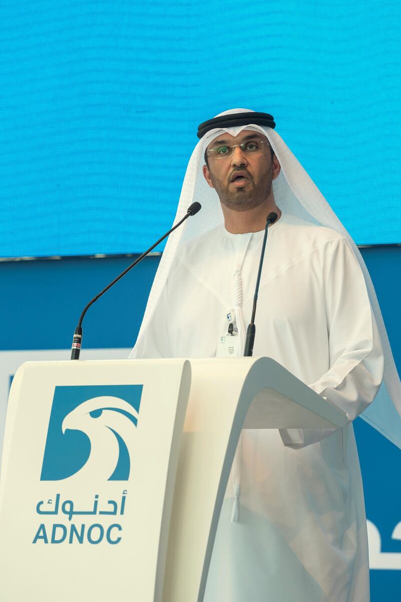 ABU DHABI, UNITED ARAB EMIRATES. 15 AUGUST 2017. ADNOC Brand activation event at their HQ on the Corniche. The event was to mark ADNOC bringing most of their subsidiaries under the ADNOC brand. H.E. Dr Sultan Ahmed Al Jaber, Minister of State and ADNOC Group makes his speach during the event. (Photo: Antonie Robertson/The National) Journalist: Anna Zacharias. Section: National.