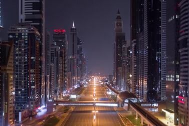 Sheikh Zayed Road is empty after Dubai introduced travel restrictions on April 4 that require residents to have a permit to leave their homes. Courtesy of Bachir Moukarzel