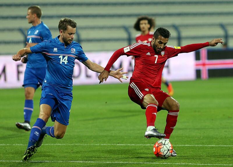 Ali Mabkhout, right, scored the winner for the UAE in their friendly match with Iceland. Satish Kumar / The National 


