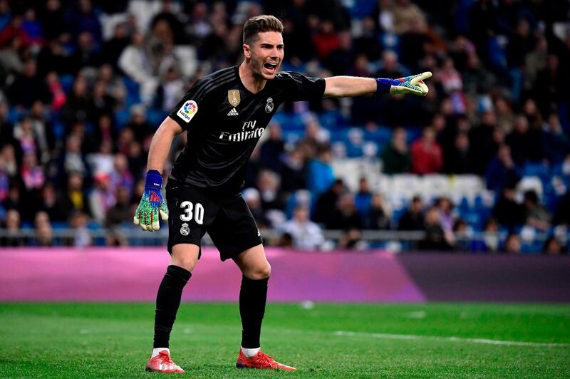 Luca Zidane gestures during the La Liga match between Real Madrid and Huesca at the Santiago Bernabeu on March 31, 2019. AFP