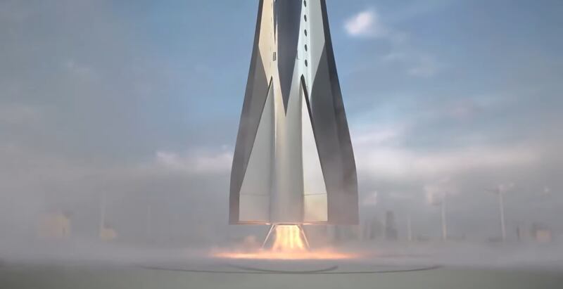 The spaceplane lands vertically at a Dubai spaceport, using legs that unfold.
