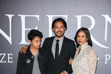An image that shows Irrfan Khan with his wife Sutapa and his son Ayaan at the 'Inferno' premiere in 2016 in Florence, Italy. Getty