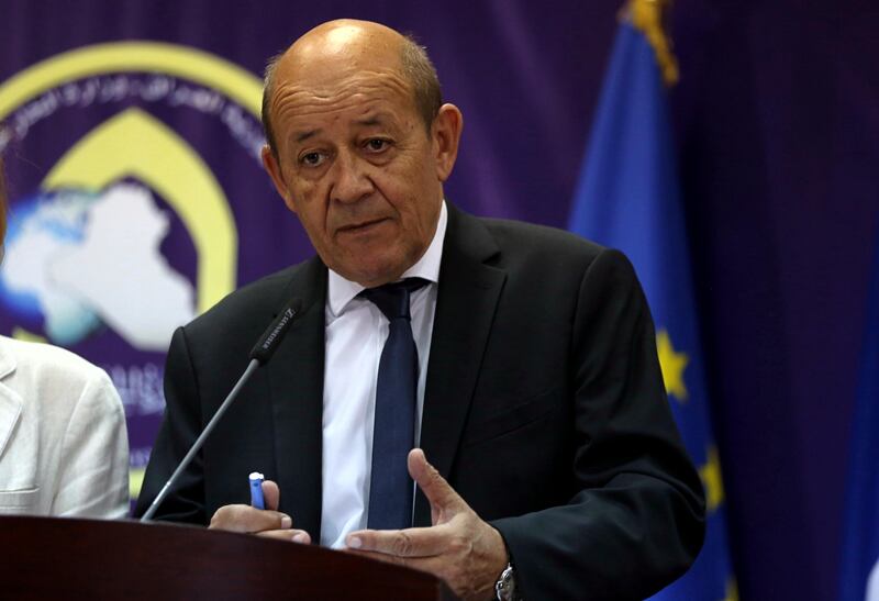 French Foreign Affairs Minister Jean-Yves Le Drian speaks during a joint press conference with French Defence Minister Florence Parly and Iraqi Foreign Minister Ibrahim al-Jaafari in Baghdad, Iraq, Saturday, Aug. 26, 2017. (AP Photo/Karim Kadim)