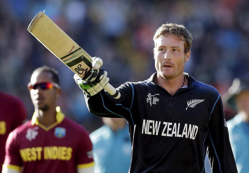 New Zealand's Martin Guptill walks off not out for 237 against the West Indies in their Cricket World Cup quarterfinal match in Wellington, March 21, 2015. Anthony Phelps / Reuters