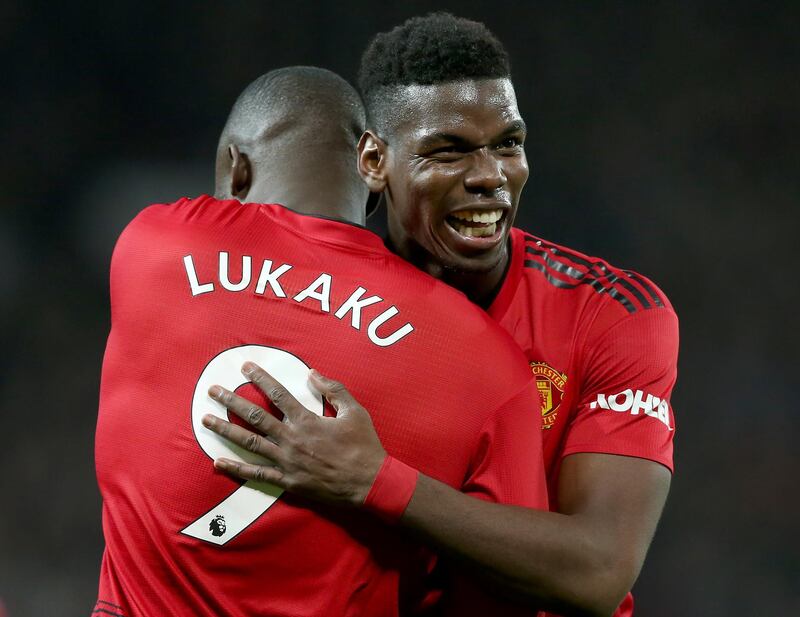 epa07254405 Manchester United's Romelu Lukaku (L) celebrates with team-mate Paul Pogba after scoring a goal in the English Premier League soccer match between Manchester United and Bournmouth at the Old Trafford Stadium in Manchester, Britain, 30 December 2018.  EPA/NIGEL RODDIS EDITORIAL USE ONLY. No use with unauthorized audio, video, data, fixture lists, club/league logos or 'live' services. Online in-match use limited to 120 images, no video emulation. No use in betting, games or single club/league/player publications.