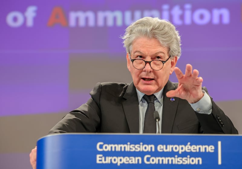 EU Internal Market Commissioner Thierry Breton presents the EU Act in Support of Ammunition Production in Brussels, Belgium, on Wednesday. EPA
