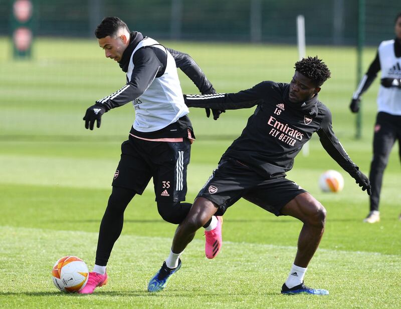 ST ALBANS, ENGLAND - MAY 05: Gabriel Martinelli and Thomas Partey of Arsenal during the Arsenal 1st team training session at London Colney on May 05, 2021 in St Albans, England. (Photo by David Price/Arsenal FC via Getty Images)