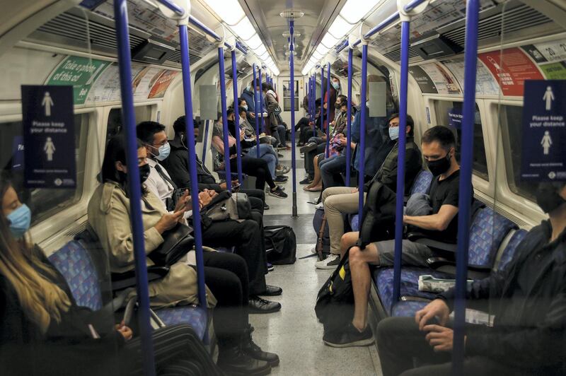 LONDON, ENGLAND - SEPTEMBER 24: Commuters ride the Northern Line on September 24, 2020 in London, England. The Chancellor of the Exchequer, Rishi Sunak, announced the government's Support For Jobs plan in the House of Commons today. Beginning in November when the current furlough scheme ends, the government will subsidise the pay of employees who are working fewer hours due to lower demand. Support For Jobs will run for six months. (Photo by Hollie Adams/Getty Images)