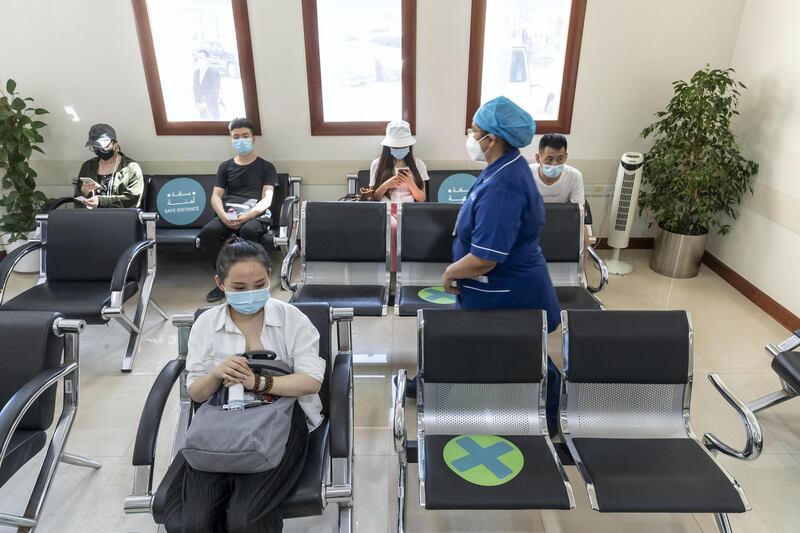 Covid-19 inoculations start in Dubai for Chinese nationals on visit visas to the UAE at the Al Safa Health Centre in Dubai on May 27th, 2021. Chinese Nationals wait for their vaccination shots as their appointments come up.
Antonie Robertson / The National.
Reporter: Ramola Talwar for National.