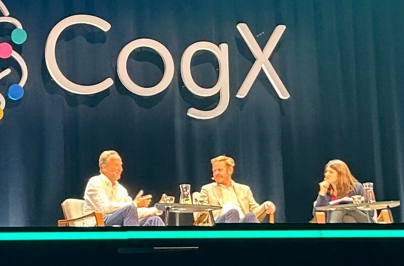 Alex Younger, David van Weel and Polly Curtis, the AI and security panel at CogX. Matthew Davies / The National