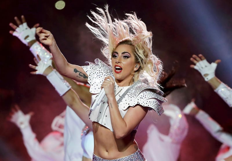 FILE - In this Feb. 5, 2017 file photo, Lady Gaga performs during the halftime show of the NFL Super Bowl 51 football game between the Atlanta Falcons and the New England Patriots in Houston. Lady Gaga will perform at AT&T TV Super Saturday Night in Miami on Feb. 1, held a day before Super Bowl 54. (AP Photo/Matt Slocum, File)