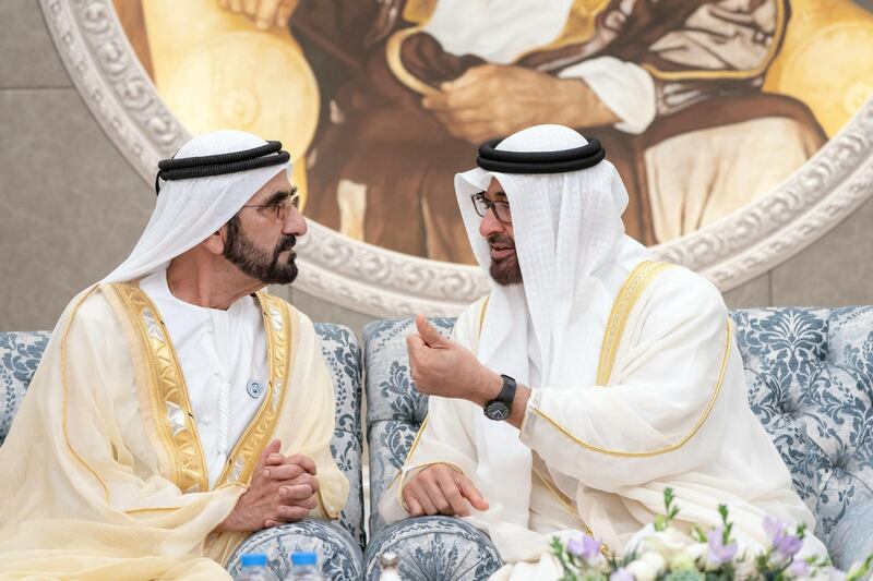 ABU DHABI, UNITED ARAB EMIRATES - August 21, 2018: HH Sheikh Mohamed bin Zayed Al Nahyan, Crown Prince of Abu Dhabi and Deputy Supreme Commander of the UAE Armed Forces (R), speaks with HH Sheikh Mohamed bin Rashid Al Maktoum, Vice-President, Prime Minister of the UAE, Ruler of Dubai and Minister of Defence (L), during an Eid Al Adha reception at Mushrif Palace. 


(Rashed Al Mansoori / Crown Prince Court - Abu Dhabi )
---