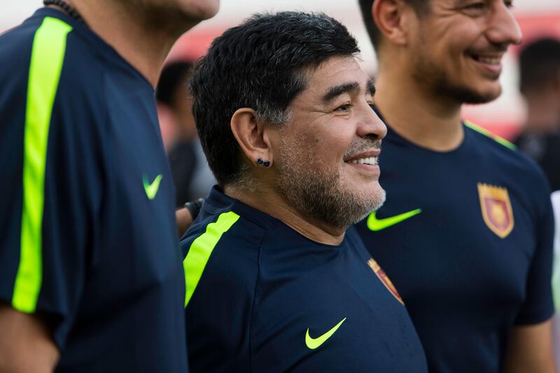 Fujairah, United Arab Emirates, July 15, 2017:    Football legend Diego Maradona is introduced as the new head coach of Fujairah football club of UAE's division one at the Fujairah stadium in Fujairah on July 15, 2017. Christopher Pike / The National

Reporter: John McAuley
Section: Sport
Keywords: 