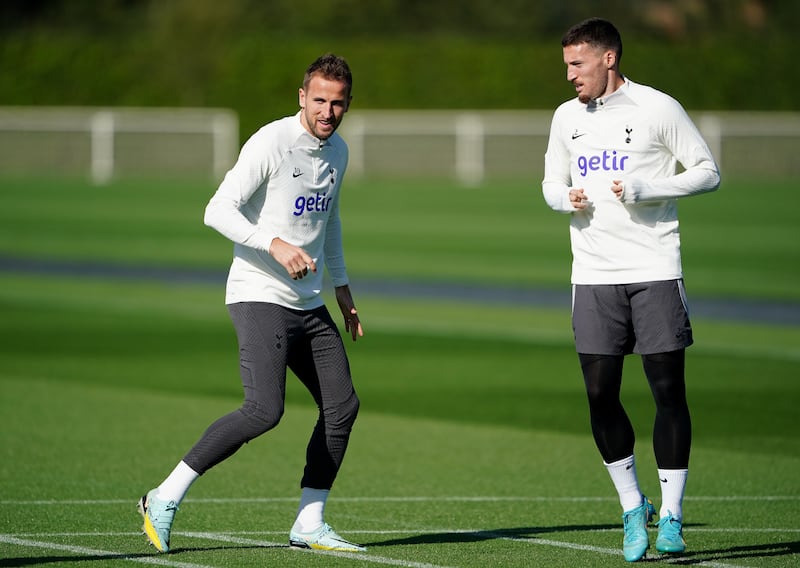 Harry Kane and Matt Doherty during a training session at Tottenham Hotspur Training Ground. PA