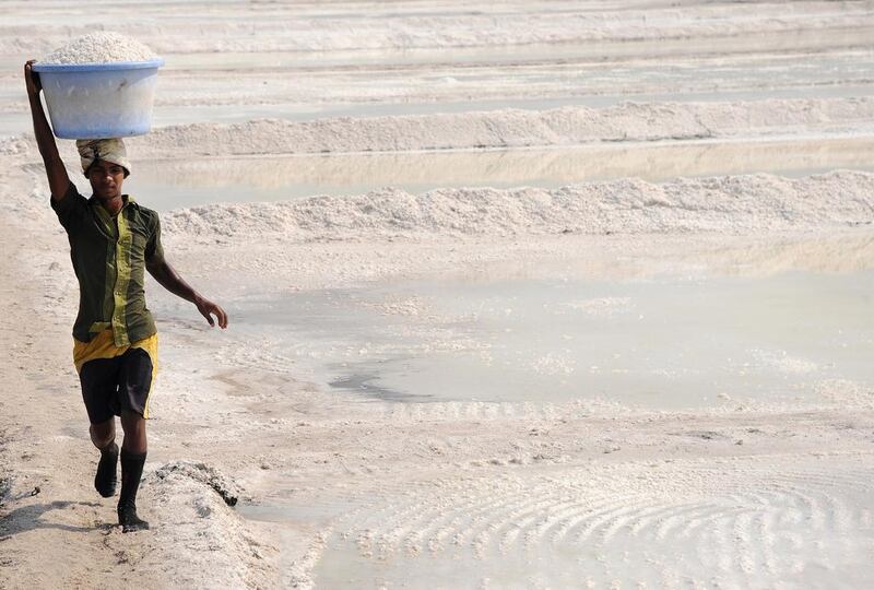 An Indian labourer empties a tub of salt at a salt pan on the outskirts of Mumbai. Mumbai and its suburbs have over 6,000 acres of salt land – both privately-owned and lease-held – under litigation as private businesess eye these lands for commercial  development. Indranil Mukherjee / AFP