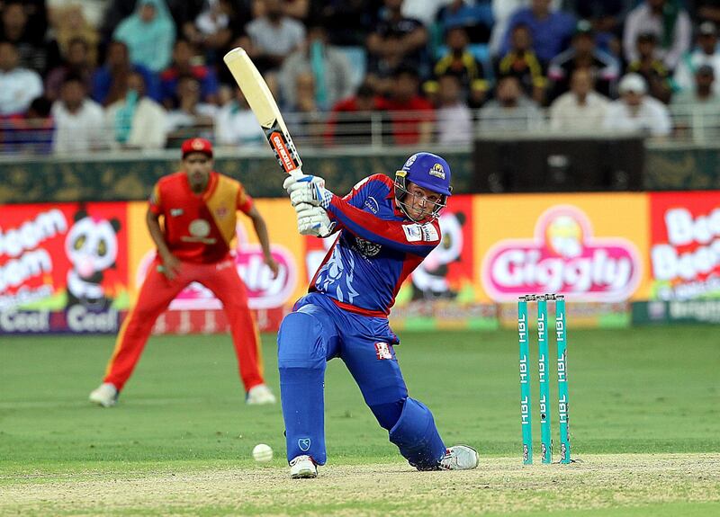 Dubai, March 18, 2018: Colin Ingram of Karachi Kings in action against Islamabad United during the PSL match at the Dubai International  Stadium in Dubai. Satish Kumar for the National/ Story by Paul Radley