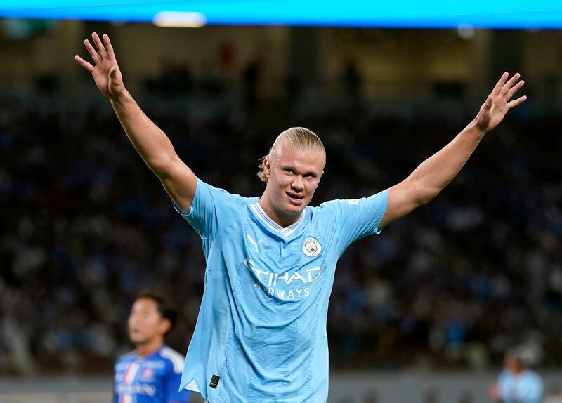 Erling Haaland celebrates after scoring Manchester City's third goal in their 5-3 pre-season friendly win over Yokohama F Marinos, at the Japan National Stadium in Tokyo, on July 23, 2023. EPA