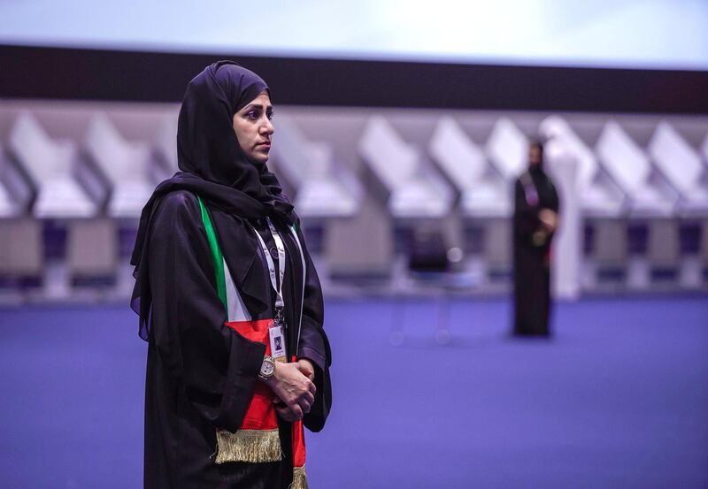 Abu Dhabi, United Arab Emirates, October 5, 2019.  
FNC Elections at ADNEC. -- FNC volunteer organizers stand ready to assist voters at the floor.
Victor Besa / The National
Section:  NA
Reporter:  Haneen Dajani