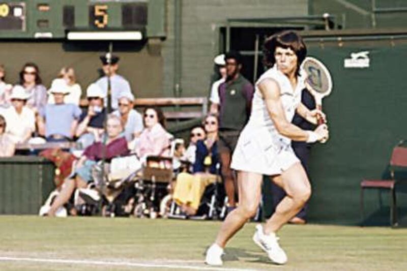 Billie Jean King in action at Wimbledon. She was remarkable on the grass courts where she won 20 titles.