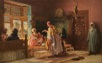 A messenger delivers a missive to a recling dignitary in this richly detailed, gorgeously painted work by American artist Frederick Arthur Bridgman. Najd Collection