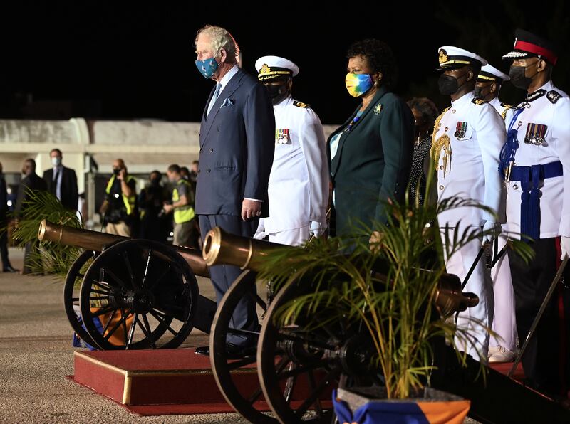 Prince Charles stands with Dame Sandra Mason, president-elect of Barbados, as he arrives to take part in events to mark the Caribbean island's transition to a birth of a new republic, in Bridgetown. Reuters