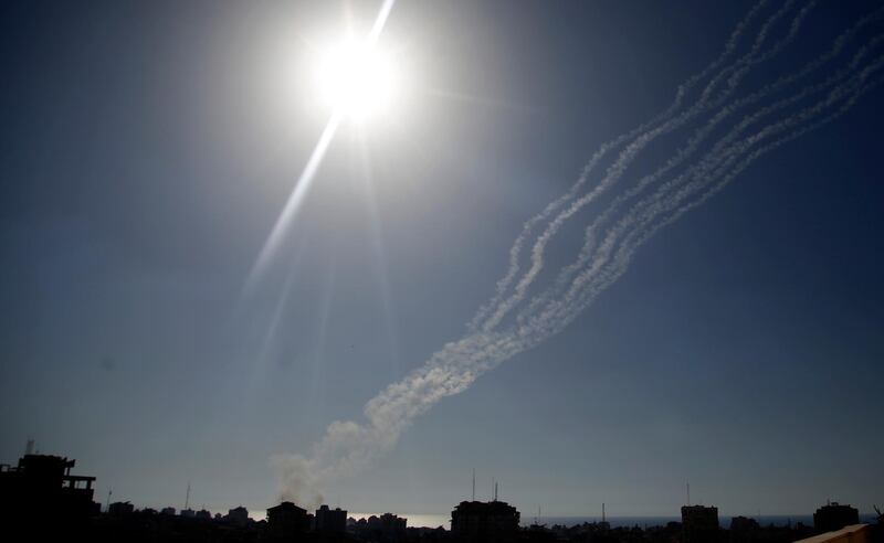 Rockets are launched from Gaza Strip to Israel, Friday, May 14, 2021. (AP Photo/Hatem Moussa)