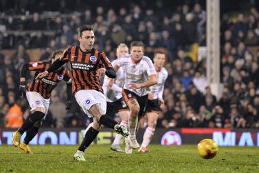 LONDON, ENGLAND - DECEMBER 29: Adrian Colunga of Brighton scores the first goal during the Sky Bet Championship match between Fulham and Brighton & Hove Albion at Craven Cottage on December 29, 2014 in London, England. (Photo by Justin Setterfield/Getty Images)