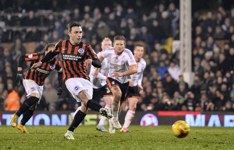 LONDON, ENGLAND - DECEMBER 29:   Adrian Colunga of Brighton scores the first goal during the Sky Bet Championship match between Fulham and Brighton & Hove Albion at Craven Cottage on December 29, 2014 in London, England.  (Photo by Justin Setterfield/Getty Images)