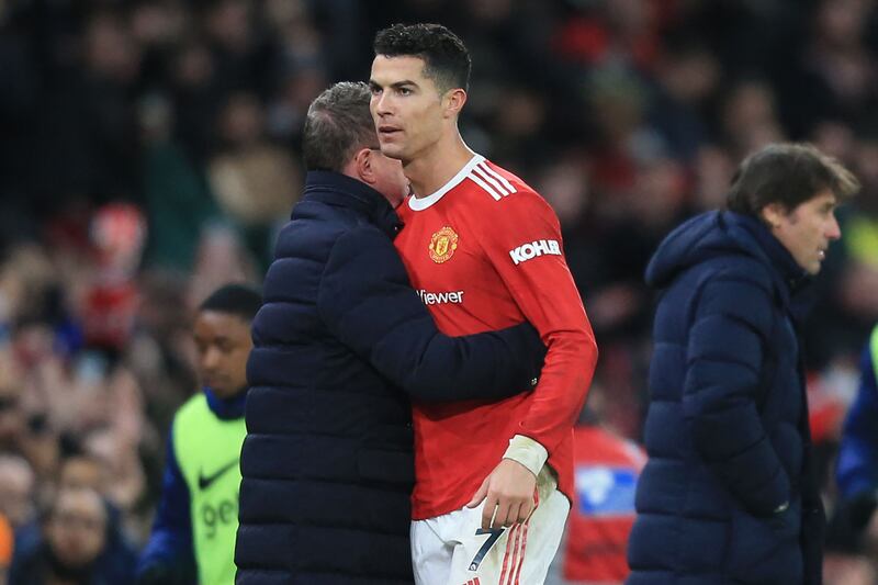 Manchester United German coach Ralf Rangnick embraces Cristiano Ronaldo. AFP