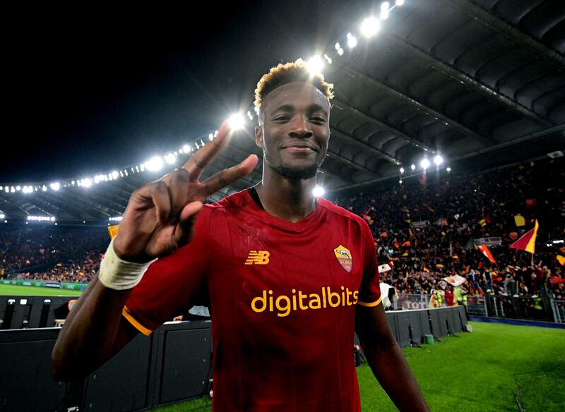 Roma's Tammy Abraham celebrates after the match. Reuters