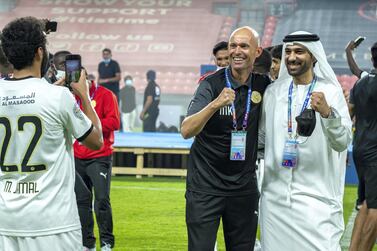 Arabian Gulf League final round: Al Jazira v Khorfakkan at Mohamed bin Zayed stadium. The Jazira team celebrates their victory over Khorfakkan on May 11th, 2021. Victor Besa / The National.