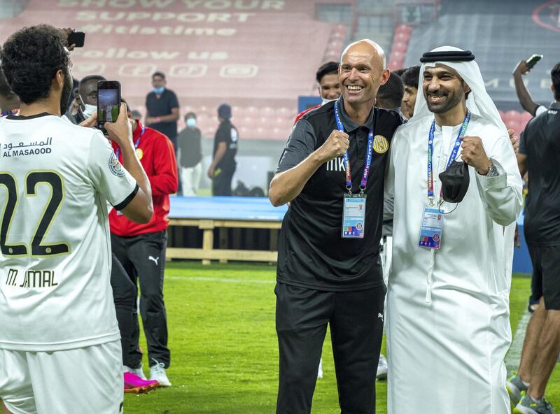 Arabian Gulf League final round: Al Jazira v Khorfakkan at Mohamed bin Zayed stadium.  The Jazira team celebrates their victory over Khorfakkan on May 11th, 2021. Victor Besa / The National.