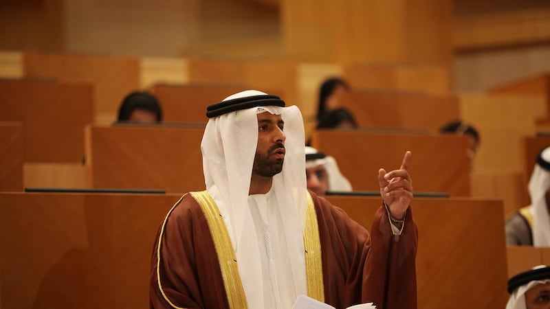 Sheikh Dr Mohammed Musallem bin Ham speaks during a FNC meeting in Abu Dhabi. Fatima Al Marzooqi / The National