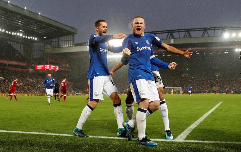 Soccer Football - Premier League - Liverpool vs Everton - Anfield, Liverpool, Britain - December 10, 2017   Everton's Wayne Rooney celebrates scoring their first goal with team mates             Action Images via Reuters/Lee Smith    EDITORIAL USE ONLY. No use with unauthorized audio, video, data, fixture lists, club/league logos or "live" services. Online in-match use limited to 75 images, no video emulation. No use in betting, games or single club/league/player publications. Please contact your account representative for further details.